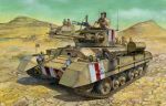  acrylic_paint_(medium) calligraphy_brush_(medium) caterpillar_tracks commentary_request cruiser_mk.i_a9 day ground_vehicle gun koizumi_kazuaki_production machine_gun military military_vehicle motor_vehicle multiple_boys original sky tank traditional_media valentine_(tank) weapon 