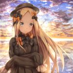  &gt;:( abigail_williams_(fate/grand_order) bangs black_bow black_dress blonde_hair blue_eyes blue_sky bow bug butterfly closed_mouth cloud cloudy_sky commentary_request crossed_arms dress fate/grand_order fate_(series) forehead frown hair_bow highres insect kyon_(kyouhei-takebayashi) long_hair long_sleeves looking_at_viewer orange_bow outdoors parted_bangs polka_dot polka_dot_bow sky sleeves_past_fingers sleeves_past_wrists solo sunset v-shaped_eyebrows very_long_hair 