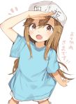  :d arm_up bangs blue_shirt blush brown_eyes character_name clothes_writing commentary flat_cap grey_hat hair_between_eyes hat hataraku_saibou kura_ekaki light_brown_hair long_hair looking_at_viewer open_mouth platelet_(hataraku_saibou) salute shirt short_shorts short_sleeves shorts simple_background smile solo standing translation_request very_long_hair white_background 