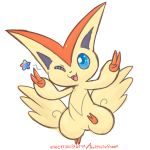  2018 ambiguous_gender blue_eyes butt_wings electrikestorm feral fur hi_res legendary_pok&eacute;mon mammal nintendo one_eye_closed open_mouth pointy_ears pok&eacute;mon pok&eacute;mon_(species) simple_background solo star tan_fur v_sign victini video_games white_background wings wink 