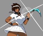  1girl artist_name breasts brown_hair dark_skin deputy_rust diamond_pickaxe english_commentary grey_background hand_on_hip highres holding_pickaxe large_breasts looking_to_the_side minecraft shiny short_hair skirt solo sportswear super_smash_bros. tennis_uniform thick_lips white_skirt 