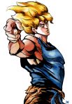  80s araki_hirohiko_(style) armpits bare_arms bare_shoulders big_hair blue_eyes blue_tank_top closed_mouth commentary_request dragon_ball dragon_ball_z fingernails from_side frown gradient_hair graphite_(medium) hands index_finger_raised jojo_no_kimyou_na_bouken kuujou_joutarou lips looking_at_viewer looking_to_the_side male_focus marker_(medium) mr71203 multicolored_hair muscle oldschool orange_pants outstretched_arm parody pointing pointing_at_viewer shirt simple_background sleeveless sleeveless_shirt solo son_gokuu standing style_parody super_saiyan torn_clothes traditional_media upper_body wavy_hair white_background 