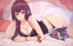  bangs bare_shoulders black_camisole black_panties blush breasts cleavage collarbone commentary curtains girls_frontline head_rest highres hips kuavera large_breasts long_hair looking_at_viewer on_bed open_mouth panties pillow purple_hair recording red_eyes solo thighs underwear viewfinder wa2000_(girls_frontline) 