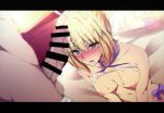  1girl absurdres ahoge artoria_pendragon_(all) artoria_pendragon_(swimsuit_archer) bar_censor bed bikini blonde_hair blush bow braid breasts breasts_outside censored cum cum_on_body cum_on_upper_body erection facial fate/grand_order fate_(series) green_eyes hetero highres kappipe_(brd0520) letterboxed medium_breasts nipples open_mouth penis saber scan solo_focus swimsuit white_bikini 