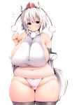  2019 animal_humanoid armwear big_breasts blush breasts canine canine_humanoid clothed clothing cute_fangs elbow_gloves female fluffy fluffy_tail fur gloves hair hands_behind_back hat hi_res humanoid legwear looking_at_viewer mammal navel pink_eyes shishi_juuroku simple_background slightly_chubby smile solo thigh_highs touhou white_background white_fur white_hair wolf_humanoid 