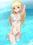  bikini blonde_hair blue_bikini blush breasts bullseye1203 collarbone glasses groin long_hair looking_at_viewer medium_breasts navel ocean open_mouth perrine_h_clostermann solo strike_witches swimsuit swimwear world_witches_series yellow_eyes 