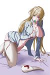  1girl absurdres all_fours areola_slip bed bed_sheet biting blonde_hair blue_eyes blush breasts brooch cleavage collarbone collared_shirt commentary gem hair_between_eyes highres jewelry kowatsu_no_break large_breasts long_hair long_sleeves looking_at_viewer navel necklace nipple_slip nipples no_panties open_clothes open_mouth open_shirt shirt solo thighhighs violet_evergarden violet_evergarden_(series) white_shirt white_thighhighs 