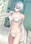  ass_visible_through_thighs blue_eyes blurry blurry_background bra breasts commentary_request depth_of_field dress_shirt dressing eyebrows_visible_through_hair front_mission front_mission_5 grey_hair highres lace lace-trimmed_bra lace-trimmed_panties looking_to_the_side lynn_wenright medium_breasts navel off_shoulder panties shirt short_hair solo thigh_gap underwear underwear_only wanana white_bra white_panties white_shirt 