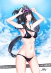  alternate_costume architect_(girls_frontline) armpits bangs bare_shoulders bikini black_hair black_ribbon blue_sky blush breasts chaciooh character_name cleavage cloud collarbone commentary cowboy_shot day eyebrows_visible_through_hair eyewear_on_head girls_frontline hair_between_eyes hair_ribbon hands_on_eyewear highres hips long_hair looking_at_viewer medium_breasts nail_polish outdoors pale_skin parted_lips pink-framed_eyewear pink-tinted_eyewear pink_eyes pink_nails ribbon ribs sangvis_ferri side-tie_bikini side_ponytail sidelocks signature sky smile solo standing star-shaped_eyewear sunglasses swimsuit tinted_eyewear toned very_long_hair 