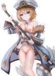  1girl bare_legs bare_shoulders blanc blue_eyes blush breasts brown_hair cleavage coat dress frown fur_trim hair_between_eyes hat holding holding_hammer holding_weapon looking_at_viewer neptune_(series) nipples pussy short_hair simple_background small_breasts solo spaghetti_strap suterisu weapon white_background white_dress 