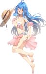  :o ahoge ass bare_shoulders barefoot bikini blue_hair blush breasts cleavage full_body hat hat_removed headwear_removed koga_(oshiro_project) long_hair medium_breasts no_shoes official_art oshiro_project oshiro_project_re red_eyes solo straw_hat swimsuit torn_bikini transparent_background wavy_mouth white_bikini yappen 