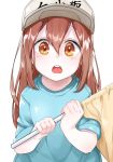  aotan_(aorin114) baseball_cap brown_hair child commentary_request eyebrows_visible_through_hair flag from_above hat hataraku_saibou kindergarten_uniform long_hair looking_at_viewer open_mouth platelet_(hataraku_saibou) short_sleeves solo wide-eyed 