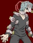  boku_no_hero_academia cowboy_shot evil_grin evil_smile grey_pants grey_shirt grin highres light_blue_hair looking_at_viewer male_focus pants red_background red_eyes shigaraki_tomura shirt simple_background smile solo standing tuskryo 