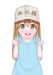  atg_(wttoo0202) blue_shirt brown_eyes brown_hair child clenched_hands flat_cap hat hataraku_saibou highres long_hair looking_at_viewer open_mouth platelet_(hataraku_saibou) shirt short_sleeves simple_background smile solo white_background white_hat 