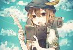  :d backpack bag bangs brown_eyes brown_hair cloud day dot_nose hair_between_eyes hat hat_feather holding kyuaa notebook octopath_traveler open_mouth outdoors puffy_short_sleeves puffy_sleeves quill short_hair short_sleeves sky smile solo tressa_(octopath_traveler) upper_body 