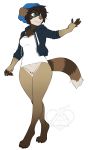  2018 anthro beanie blue_eyes bottomless clothed clothing female fur hair hat hybrid kittydee mammal naomi_(mightypoohead) procyonid pussy raccoon rat rodent simple_background smile standing 