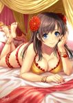  anklet ass bangle bangs bare_shoulders barefoot blue_eyes blush bracelet breasts brown_hair cleavage closed_mouth collarbone commentary_request crossed_ankles curtains dancer earrings eyebrows_visible_through_hair fate/grand_order fate_(series) feet flower hair_flower hair_ornament hand_on_own_cheek highres hoop_earrings indoors jewelry large_breasts light_particles long_hair looking_at_viewer lying mata_hari_(fate/grand_order) nail_polish on_bed on_stomach red_nails sakiyamama sidelocks signature smile soles solo sparkle the_pose thighs toes 