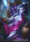  abs artist_name blue_skin bodysuit breasts chair earrings gloves hips hoop_earrings jewelry linea_alba lips long_hair medium_breasts nudtawut_thongmai overwatch parted_lips purple_hair signature sitting smile solo tattoo thighs visor widowmaker_(overwatch) yellow_eyes 