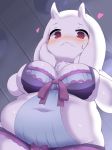  &lt;3 2018 anthro blush breasts caprine chest_tuft clothing female floppy_ears fur goat hi_res horn lingerie looking_at_viewer looking_down low-angle_view mammal navel red_eyes ribbons sarier413 slightly_chubby solo spiral_eyes toriel tuft undertale video_games white_fur 