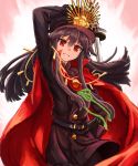  absurdres arm_up bangs black_hair black_hat buttons cape fate/grand_order fate_(series) grin hair_between_eyes hat highres holding holding_sword holding_weapon katana koha-ace long_hair long_sleeves looking_at_viewer military military_uniform nob1109 oda_nobunaga_(fate) oda_uri red_cape red_eyes sheath sidelocks smile solo sword uniform unsheathed v-shaped_eyebrows weapon 