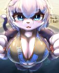  2018 4_fingers anthro bikini blue_eyes blue_fur blush breasts cat cheek_tuft chest_tuft cleavage clothed clothing dialogue english_text feline female first_person_view foreshortening front_view fur hair hi_res looking_at_viewer mammal multicolored_fur short_hair slit_pupils solo swimsuit tetto text tuft two_tone_fur white_fur white_hair 