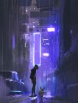  alley backlighting black_legwear blurry car city city_lights cutoffs cyberpunk dark depth_of_field dog ground_vehicle highres hood hoodie hover_board motor_vehicle night original pantyhose rain road scenery science_fiction short_hair sketch snatti solo street 