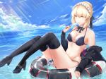  absurdres artoria_pendragon_(all) artoria_pendragon_(swimsuit_rider_alter) bikini black_bikini black_bow black_footwear black_jacket black_legwear black_ribbon blonde_hair blue_sky bow bowtie breasts choker cleavage clothes_down cloud day eyes fate/grand_order fate_(series) food frilled_bikini frills full_body hair_between_eyes hair_ribbon highres holding holding_food ice_cream jacket maid_bikini maid_headdress mary_janes medium_breasts ocean open_clothes open_jacket open_mouth outdoors ribbon shoes short_hair sidelocks sitting sky slime_(user_jpds8754) solo sunlight swimsuit thigh_strap thighhighs yellow_eyes 
