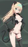  animal_ears black_bra black_legwear black_panties blonde_hair blush bra breasts bullseye1203 cat_ears collarbone green_eyes groin heinrike_prinzessin_zu_sayn-wittgenstein highres jacket long_hair looking_at_viewer medium_breasts navel open_clothes open_jacket open_mouth panties solo strike_witches tail thighhighs underwear world_witches_series 