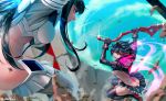  2girls black_hair blue_eyes blue_sky boots breasts debris eyebrows fighting fighting_stance gloves high_heels highlights holding holding_weapon kill_la_kill kiryuuin_satsuki long_hair looking_at_another matoi_ryuuko microskirt midriff multicolored_hair multiple_girls navel open_mouth outdoors pleated_skirt revealing_clothes rock scissor_blade short_hair sideboob skirt sky stomach streaked_hair suspenders sword thigh_boots thighhighs thighs two-tone_hair weapon white_legwear whoareuu 