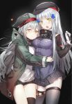  :&lt; arm_around_waist bangs beret black_background black_hat black_legwear black_shorts black_skirt blue_jacket blunt_bangs blush breasts clothes_writing coat commentary_request cowboy_shot eyebrows_visible_through_hair g11_(girls_frontline) girls_frontline gloves green_coat green_eyes green_hat grey_hair hair_between_eyes hair_ornament hairpin hat heart highres hk416_(girls_frontline) hug iron_cross jacket light_particles long_hair long_sleeves looking_at_another looking_at_viewer medium_breasts miniskirt multiple_girls myo_ne open_clothes open_coat open_mouth orange_eyes plaid plaid_skirt pleated_skirt pouch short_shorts shorts silver_hair simple_background single_thighhigh skirt standing thigh_gap thighhighs thighs white_gloves yuri zettai_ryouiki 