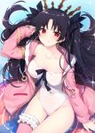  adjusting_hair bangs black_bow black_hair blush bow breasts cleavage collarbone commentary_request covered_navel covered_nipples cowboy_shot earrings fate/grand_order fate_(series) fur-trimmed_hood grin hood hood_down hoodie hoop_earrings ishtar_(fate/grand_order) ishtar_(swimsuit_rider)_(fate) jewelry leotard long_hair long_sleeves looking_at_viewer medium_breasts miko_92 open_clothes open_hoodie outdoors parted_bangs pink_hoodie pink_legwear red_eyes see-through shiny shiny_hair single_thighhigh sitting smile thighhighs tiara two_side_up white_leotard 