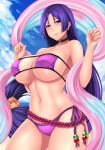  absurdres bangs bare_shoulders beads bikini blue_sky breasts choker cleavage collarbone commentary_request day eyepatch_bikini fate/grand_order fate_(series) hair_between_eyes highres hips large_breasts long_hair looking_at_viewer minamoto_no_raikou_(fate/grand_order) minamoto_no_raikou_(swimsuit_lancer)_(fate) navel parted_bangs purple_bikini purple_eyes purple_hair rope sash sky smile solo swimsuit thighs very_long_hair yashichii 