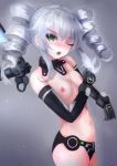  1girl areolae black_sister blush breasts choujigen_game_neptune drill_hair green_eyes grey_hair looking_at_viewer navel neptune_(series) nipples one_eye_closed open_mouth small_breasts solo suterisu topless twin_drills uni_(choujigen_game_neptune) 