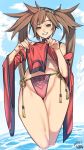  :d bare_hips bare_shoulders blue_sky breasts brown_eyes brown_hair china_dress chinese_clothes cloud cloudy_sky commentary_request day dress flower_knot grin guilty_gear hair_ornament hairclip half-closed_eyes highres kuma_(jk0073) kuradoberi_jam lifted_by_self long_sleeves looking_at_viewer open_mouth outdoors panties pelvic_curtain red_dress red_panties side-tie_panties skirt skirt_lift sky sleeveless sleeveless_dress smile solo tassel teeth twintails underboob underwear wading wide_sleeves 
