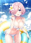  :d ass_visible_through_thighs bikini blue_sky bracelet bright_pupils commentary_request cowboy_shot day eyebrows_visible_through_hair fate/grand_order fate_(series) flower front-tie_bikini front-tie_top hair_flower hair_ornament hair_over_one_eye innertube jewelry looking_at_viewer lowleg lowleg_bikini mash_kyrielight masuishi_kinoto navel open_mouth outdoors pink_hair polka_dot polka_dot_innertube purple_eyes short_hair side-tie_bikini sky smile solo sunlight swimsuit wet white_bikini 