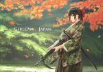  adapted_uniform assault_rifle black_eyes black_hair bow camouflage copyright_name cover cover_page doujin_cover frown gun hair_bow hakama highres howa_type_89 japan_ground_self-defense_force japan_self-defense_force japanese_clothes katana leaf long_hair maple_leaf military nature obi original outdoors ponytail rifle sash serious sidelocks sling soldier solo sword tantu_(tc1995) weapon wind 