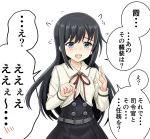  asashio_(kantai_collection) belt black_hair blue_eyes blush breasts commentary_request dress eyebrows_visible_through_hair hair_between_eyes highres kantai_collection long_hair long_sleeves looking_at_viewer neck_ribbon open_mouth pinafore_dress red_ribbon remodel_(kantai_collection) ribbon school_uniform simple_background small_breasts solo source_quote tk8d32 translated white_background 