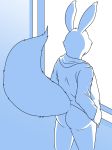  2017 abstract_background absurd_res anthro biped blue_theme bottomless butt canine clothed clothing danny_(funnybox) fluffy fluffy_tail fox funnybox fur hi_res hidden_eyes hoodie hybrid lagomorph male mammal partially_clothed rabbit solo standing 