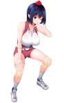  alternate_costume black_hair breasts commentary_request contemporary elbow_pads full_body gym_shirt gym_shorts gym_uniform hat highres impossible_clothes knee_pads large_breasts leaning_forward looking_at_viewer one_eye_closed pointy_ears pom_pom_(clothes) red_eyes red_shorts shachi_kamaboko shameimaru_aya shirt shoes short_hair short_shorts shorts simple_background sleeveless sleeveless_shirt sneakers solo sportswear sweat thighs tokin_hat touhou volleyball volleyball_uniform 