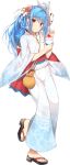  blue_hair food fox_mask full_body geta hair_ornament holding holding_food japanese_clothes kimono koga_(oshiro_project) long_hair looking_at_viewer mask mask_on_head official_art oshiro_project oshiro_project_re pouch red_eyes shaved_ice solo transparent_background white_kimono yappen yukata 