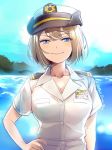  alternate_costume blue_eyes breasts brown_hair cleavage commentary_request grin hand_on_hip hat japan_maritime_self-defense_force japan_self-defense_force kantai_collection large_breasts maya_(kantai_collection) military military_hat military_uniform primary_stage short_hair short_sleeves smile solo twitter_username uniform upper_body 