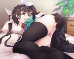  :o ass asymmetrical_legwear bed_sheet bedroom brown_hair commentary_request dress elbow_gloves gloves green_eyes hair_between_eyes hair_ribbon headgear indoors kantai_collection long_hair looking_at_viewer lying mofu_namako no_panties no_pants on_bed on_side open_mouth pelvic_curtain remodel_(kantai_collection) ribbon short_dress side_slit single_elbow_glove single_glove single_thighhigh solo thighhighs thighs tone_(kantai_collection) twintails white_ribbon 