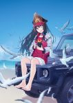  ;d barefoot beach bird black_hair black_hat blue_sky camera casual day fate/grand_order fate_(series) floating_hair full_body hat headphones headphones_around_neck highres holding holding_camera jacket long_hair looking_at_viewer mercedes-benz mercedes-benz_g-class military_hat mimengfeixue miniskirt ocean oda_nobunaga_(fate) on_vehicle one_eye_closed open_clothes open_jacket open_mouth outdoors red_eyes red_shirt shirt sitting skirt sky smile solo striped striped_skirt very_long_hair white_skirt 