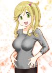  10s 1girl breasts eyebrows eyebrows_visible_through_hair eyes_visible_through_hair fang hands_on_hips impossible_clothes impossible_sweater inuyama_aoi large_breasts long_hair looking_at_viewer open_mouth side_ponytail smile solo standing sweater thick_eyebrows ueyama_michirou yurucamp 