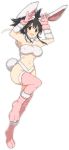  1girl animal_ears asuka_(senran_kagura) black_hair breasts brown_eyes bunny_ears bunny_girl bunny_tail erect_nipples full_body jumping large_breasts looking_at_viewer navel official_art open_mouth ponytail senran_kagura senran_kagura_peach_ball smile solo tail 