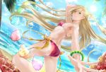  1girl ass bare_shoulders bikini blonde_hair blush bracelet breasts green_eyes jewelry long_hair looking_at_viewer magilou_(tales) medium_breasts naka pointy_ears shiny shiny_clothes shiny_hair shiny_skin smile solo swimsuit tales_of_(series) tales_of_berseria very_long_hair 
