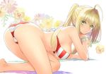  ahoge ass bangs bare_shoulders bead_bracelet beads bikini blonde_hair blush bracelet breasts closed_mouth commentary_request fate/extra fate/grand_order fate_(series) floral_background flower green_eyes hair_between_eyes hair_intakes hips jewelry large_breasts long_hair looking_at_viewer nero_claudius_(fate)_(all) nero_claudius_(swimsuit_caster)_(fate) red_bikini smile solo striped striped_bikini swimsuit tanaka_takayuki thighs twintails white_background work_in_progress 