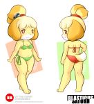 animal_crossing bikini blasticussaturn breasts butt canine cleavage clothed clothing cute female isabelle_(animal_crossing) looking_at_viewer looking_back mammal nintendo redbubble simple_background smile swimsuit video_games 