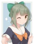  ;) bangs bow bowtie collarbone commentary commission eyebrows_visible_through_hair green_bow green_hair hair_bow highres kantai_collection one_eye_closed orange_bow orange_neckwear outside_border ribbon sailor_collar short_sleeves smile solo sparkle upper_body white_sailor_collar yellow_eyes yoriha_yashiro yuubari_(kantai_collection) 