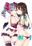  ass bangs black_bra black_choker black_legwear black_panties bow bra breastless_clothes breasts brown_hair butt_crack choker commentary_request cupless_bra eyebrows_visible_through_hair frilled_choker frilled_legwear frills green_bow green_eyes green_ribbon groin hair_between_eyes hair_ribbon highres idolmaster idolmaster_cinderella_girls kanzaki_ranko long_hair lowleg lowleg_panties manle medium_breasts multiple_girls navel nipples panties parted_lips purple_eyes ribbon ringlets shibuya_rin silver_hair simple_background thighhighs twintails underwear underwear_only upper_teeth very_long_hair white_background 